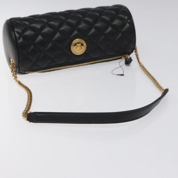 VERSACE Chain Shoulder Bag Leather Black Gold Auth 130256