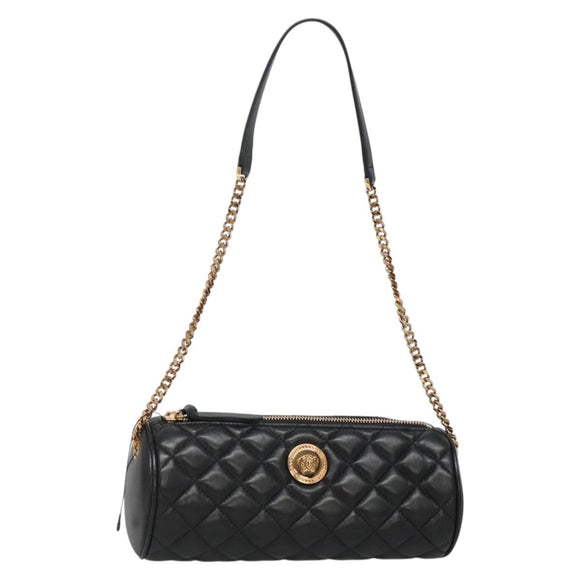 VERSACE Chain Shoulder Bag Leather Black Gold Auth 130257