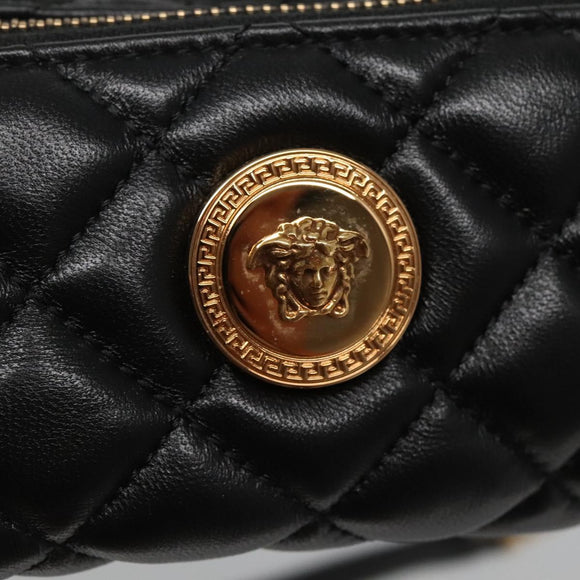 VERSACE Chain Shoulder Bag Leather Black Gold Auth 130257
