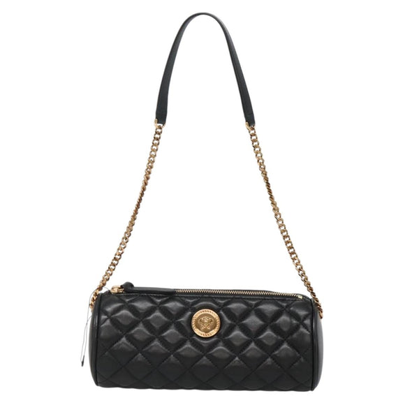VERSACE Chain Shoulder Bag Leather Black Gold Auth 130257