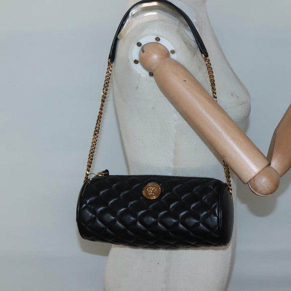 VERSACE Chain Shoulder Bag Leather Black Gold Auth 130257