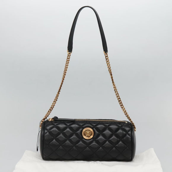 VERSACE Chain Shoulder Bag Leather Black Gold Auth 130257