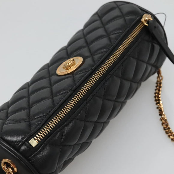 VERSACE Chain Shoulder Bag Leather Black Gold Auth 130257