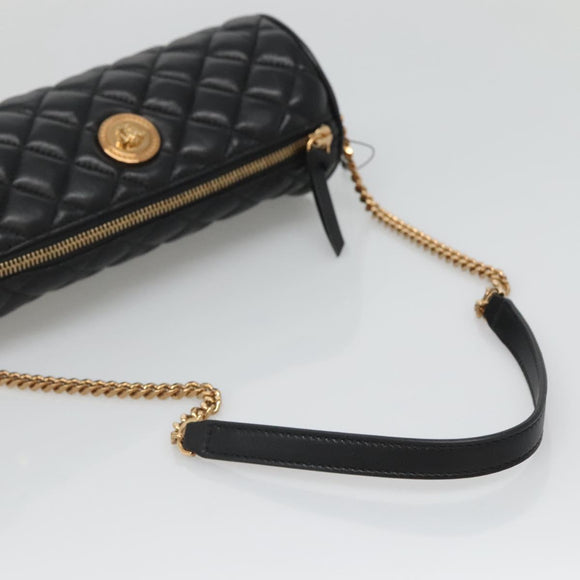 VERSACE Chain Shoulder Bag Leather Black Gold Auth 130257