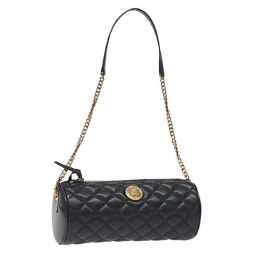 VERSACE Chain Shoulder Bag Leather Black Gold Auth 130258