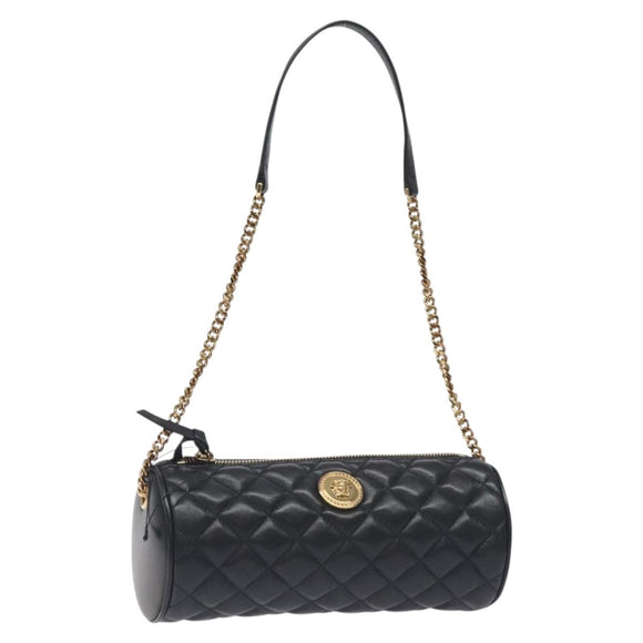 VERSACE Chain Shoulder Bag Leather Black Gold Auth 130258