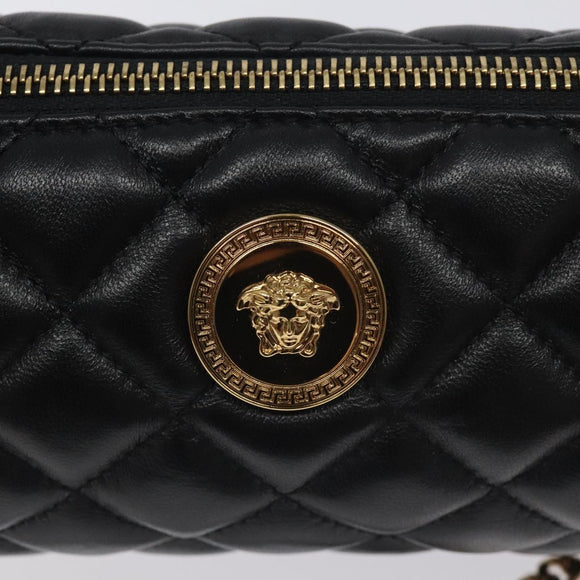 VERSACE Chain Shoulder Bag Leather Black Gold Auth 130258