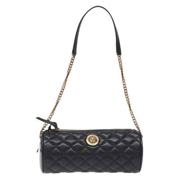 VERSACE Chain Shoulder Bag Leather Black Gold Auth 130258