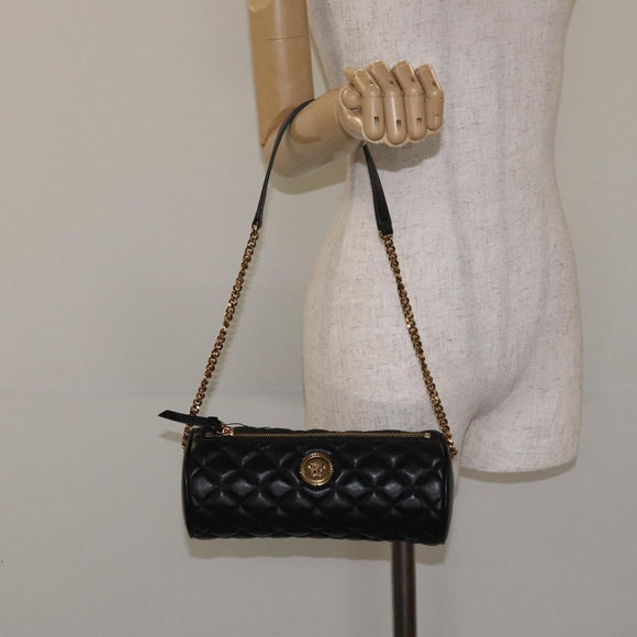 VERSACE Chain Shoulder Bag Leather Black Gold Auth 130258