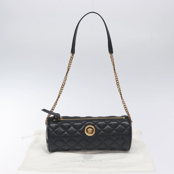 VERSACE Chain Shoulder Bag Leather Black Gold Auth 130258