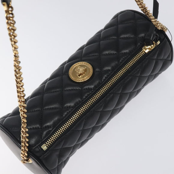 VERSACE Chain Shoulder Bag Leather Black Gold Auth 130258