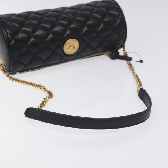 VERSACE Chain Shoulder Bag Leather Black Gold Auth 130258