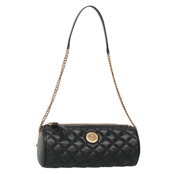 VERSACE Chain Shoulder Bag Leather Black Gold Auth 130259