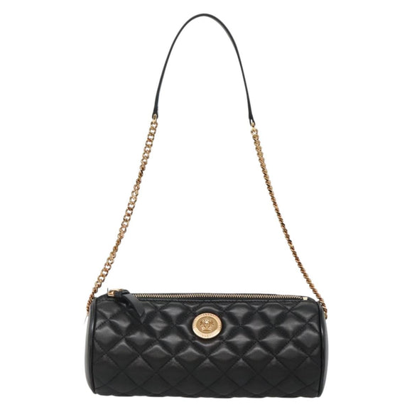 VERSACE Chain Shoulder Bag Leather Black Gold Auth 130259