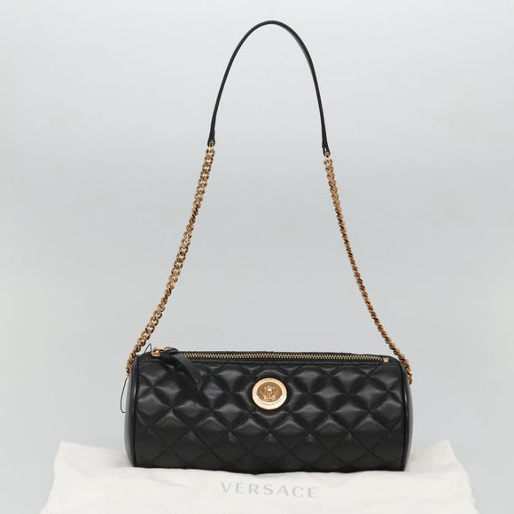 VERSACE Chain Shoulder Bag Leather Black Gold Auth 130259