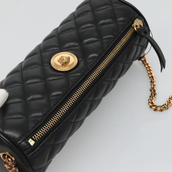 VERSACE Chain Shoulder Bag Leather Black Gold Auth 130259