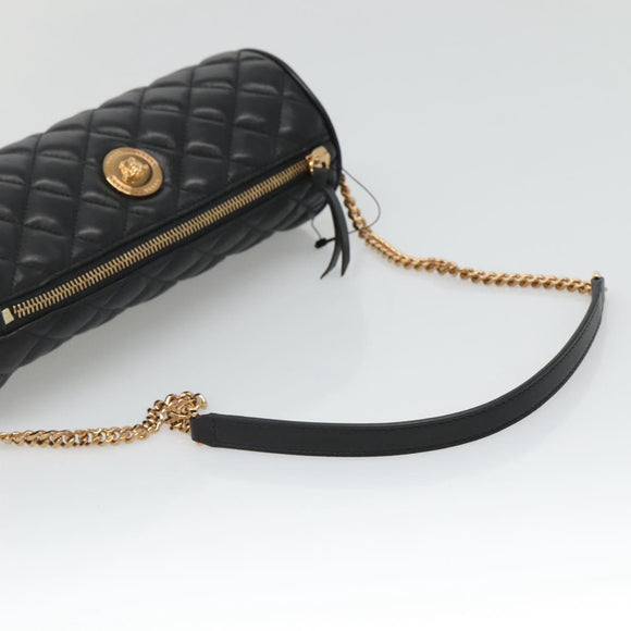 VERSACE Chain Shoulder Bag Leather Black Gold Auth 130259