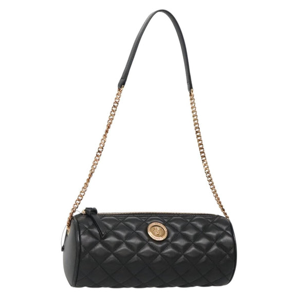 VERSACE Chain Shoulder Bag Leather Black Gold Auth 130260