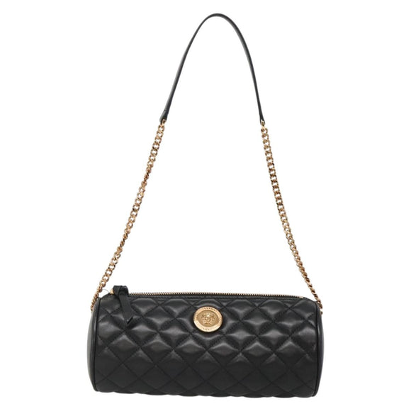 VERSACE Chain Shoulder Bag Leather Black Gold Auth 130260