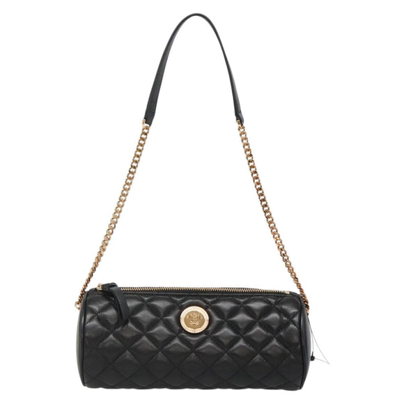 VERSACE Chain Shoulder Bag Leather Black Gold Auth 130261