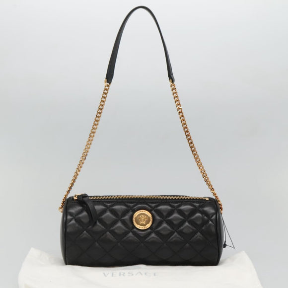 VERSACE Chain Shoulder Bag Leather Black Gold Auth 130261
