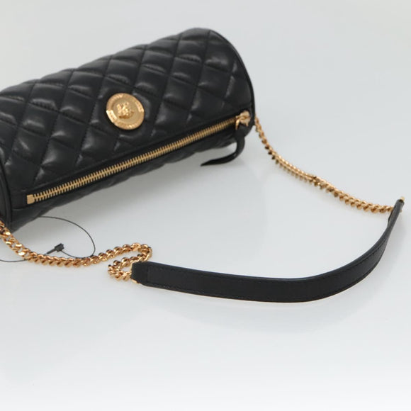 VERSACE Chain Shoulder Bag Leather Black Gold Auth 130261