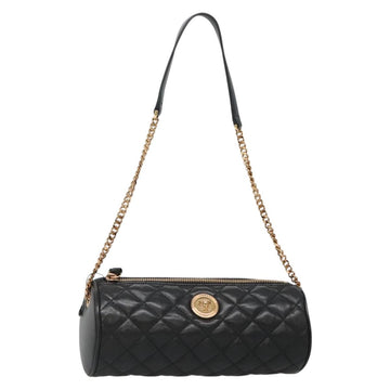 VERSACE Chain Shoulder Bag Leather Black Gold Auth 130262
