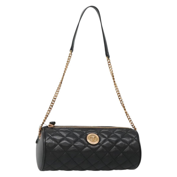 VERSACE Chain Shoulder Bag Leather Black Gold Auth 130262