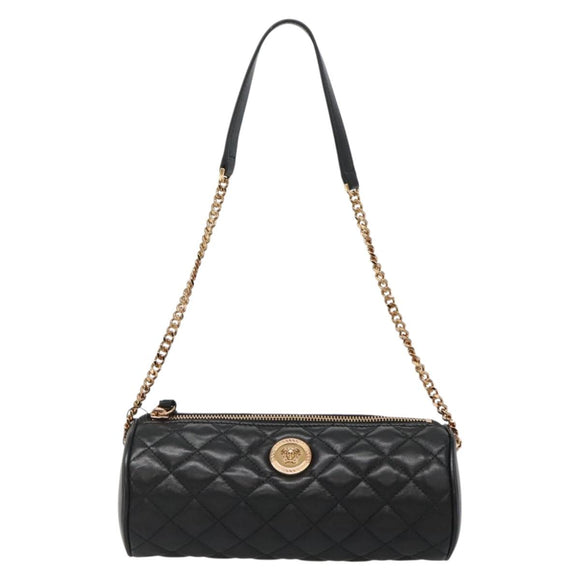 VERSACE Chain Shoulder Bag Leather Black Gold Auth 130262