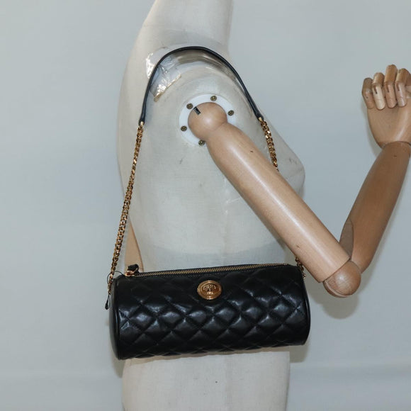 VERSACE Chain Shoulder Bag Leather Black Gold Auth 130262