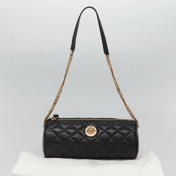 VERSACE Chain Shoulder Bag Leather Black Gold Auth 130262