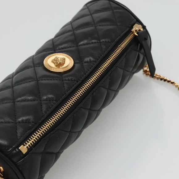 VERSACE Chain Shoulder Bag Leather Black Gold Auth 130262