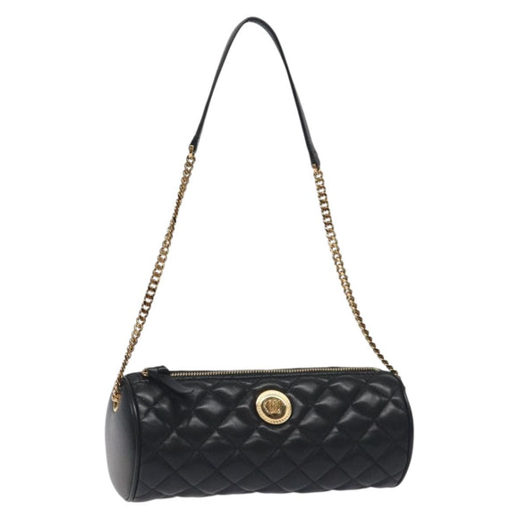 VERSACE Chain Shoulder Bag Leather Black Gold Auth 130264