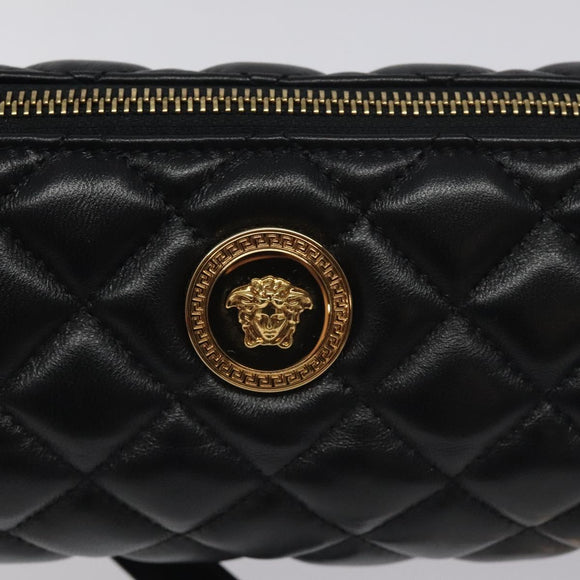 VERSACE Chain Shoulder Bag Leather Black Gold Auth 130264