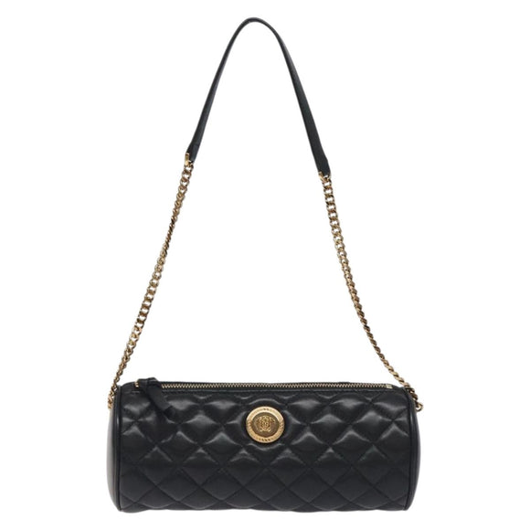 VERSACE Chain Shoulder Bag Leather Black Gold Auth 130264