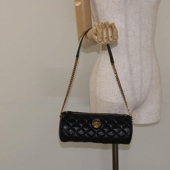 VERSACE Chain Shoulder Bag Leather Black Gold Auth 130264