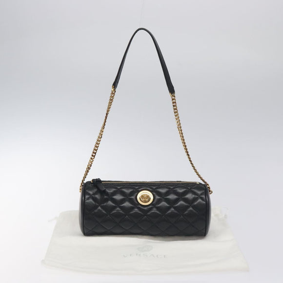 VERSACE Chain Shoulder Bag Leather Black Gold Auth 130264
