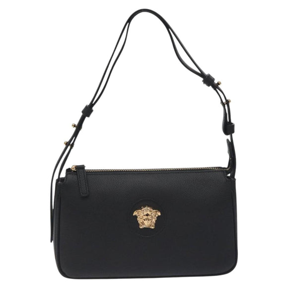 VERSACE Shoulder Bag Leather Black Gold Auth 130265