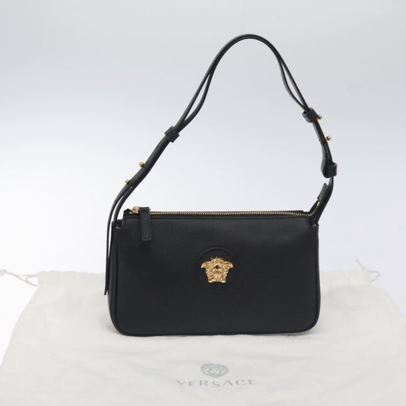 VERSACE Shoulder Bag Leather Black Gold Auth 130266