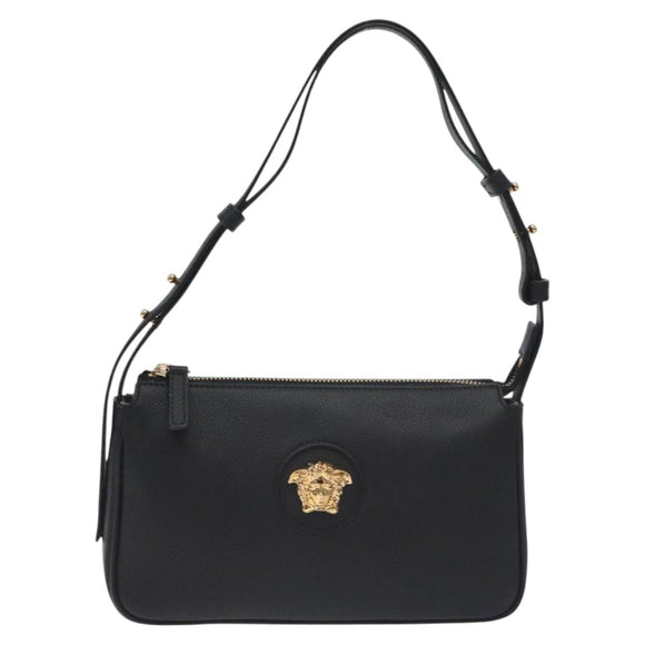 VERSACE Shoulder Bag Leather Black Gold Auth 130266