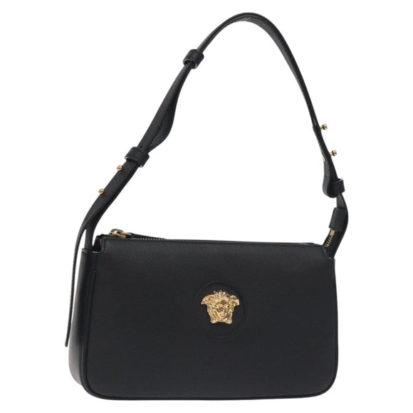 VERSACE Shoulder Bag Leather Black Gold Auth 130267