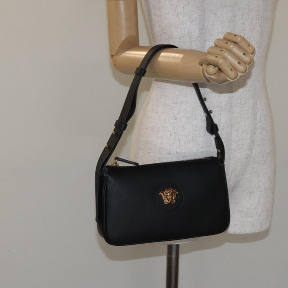 VERSACE Shoulder Bag Leather Black Gold Auth 130267