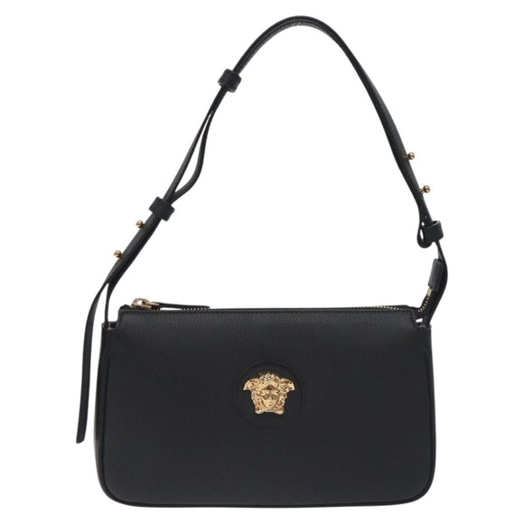 VERSACE Shoulder Bag Leather Black Gold Auth 130267
