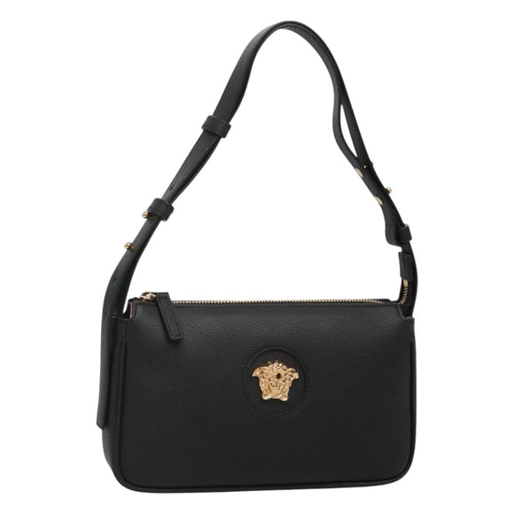 VERSACE Shoulder Bag Leather Black Gold Auth 130268