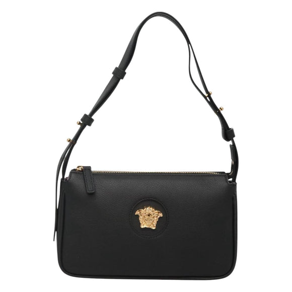VERSACE Shoulder Bag Leather Black Gold Auth 130268