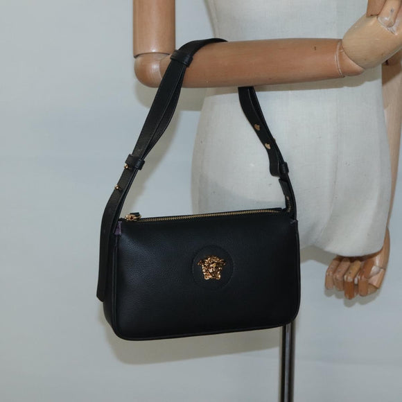VERSACE Shoulder Bag Leather Black Gold Auth 130268
