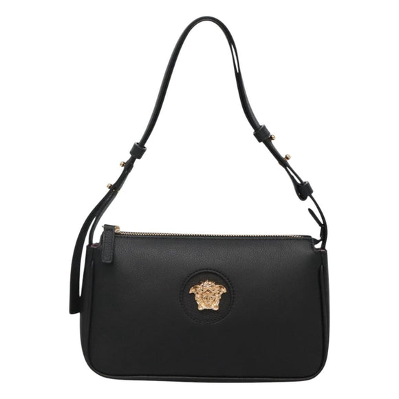 VERSACE Shoulder Bag Leather Black Gold Auth 130270