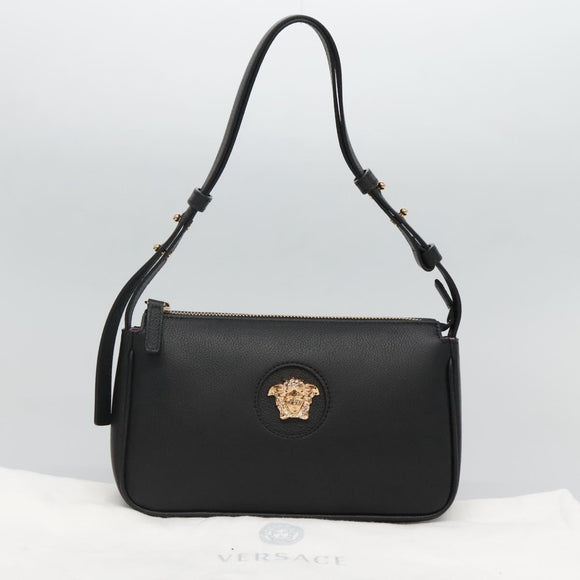 VERSACE Shoulder Bag Leather Black Gold Auth 130270