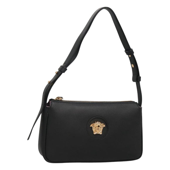 VERSACE Shoulder Bag Leather Black Gold Auth 130271