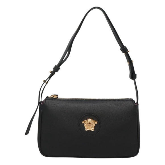 VERSACE Shoulder Bag Leather Black Gold Auth 130271